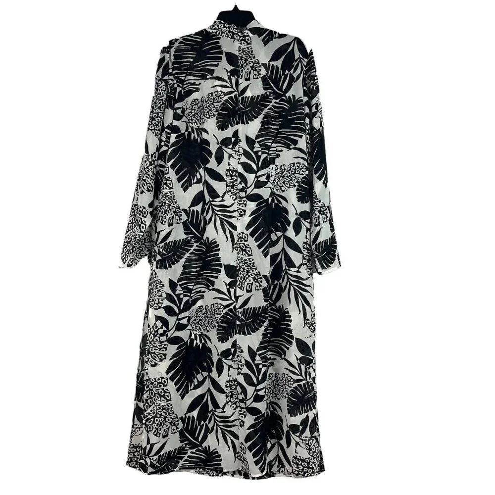 Nira Kaplan Open Front Duster Semi Sheer Cover Up Black White Floral Large - Picture 6 of 12